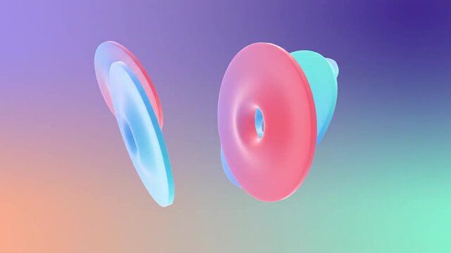 Abstract 3D colorful torus shapes floating in a soft gradient background