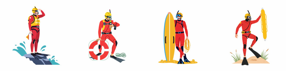 Set of Professional Water Rescue Characters in Red Wetsuits with Lifesaving Equipment, Isolated Vector Illustrations on White Background © Pino