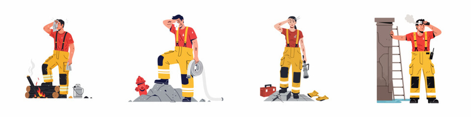 Obraz premium Set of illustrations showing exhausted firefighters in uniform wiping sweat and resting after extinguishing fires in various demanding emergency situations.
