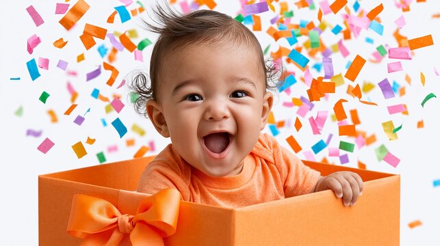 Baby sits in a giant orange gift box with colorful confetti falling around in a joyful scene Generative AI