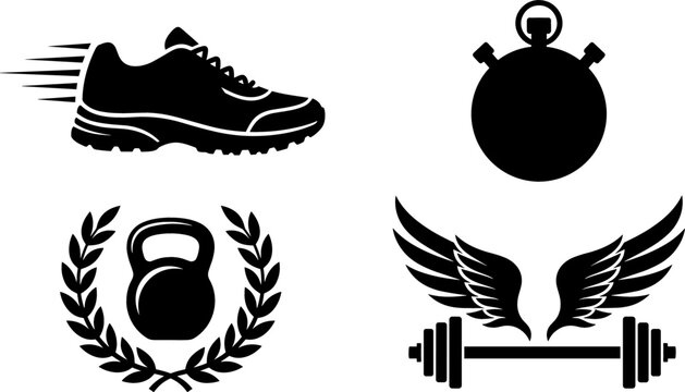 Set of black and white fitness and exercise icons featuring a running shoe stopwatch kettlebell with laurel wreath and a winged barbell design
