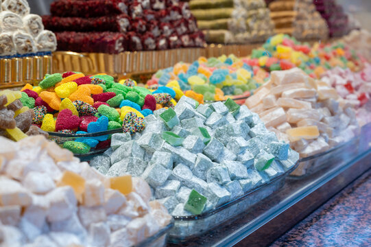 Istanbul, turkey, august 2, 2025 assortment of traditional lokum, gummy candies, and other sweet confections displayed in an istanbul market stall