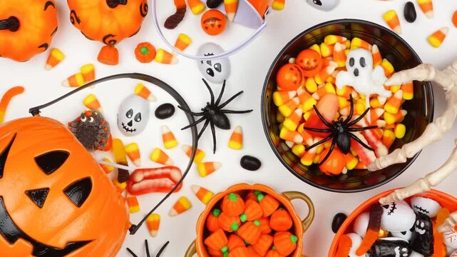 Halloween trick or treat scene with jack o lantern pails and assorted candy. Overhead view on a white background. Slow rotating zoom motion.