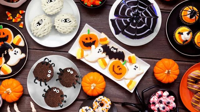 Spooky Halloween dessert table scene over a dark wood background. Top view. Slow rotating zoom motion. Assortment of cookies, cakes, donuts and candies.