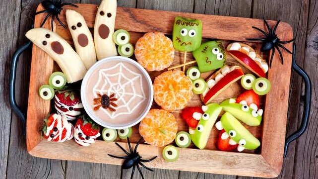 Healthy Halloween fruit snacks. Slow rotating zoom motion. Grazing board of fun, spooky treats. Top view over a rustic wood background.