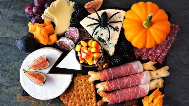 Halloween theme charcuterie board table scene. Overhead view against a dark background. Slow rotating zoom motion. Variety of cheese and meat appetizers.