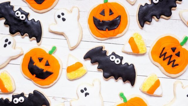 Halloween cookie background. Above view on white wood. Slow rotating zoom motion. Ghosts, bats, jack o lanterns and candy corn.