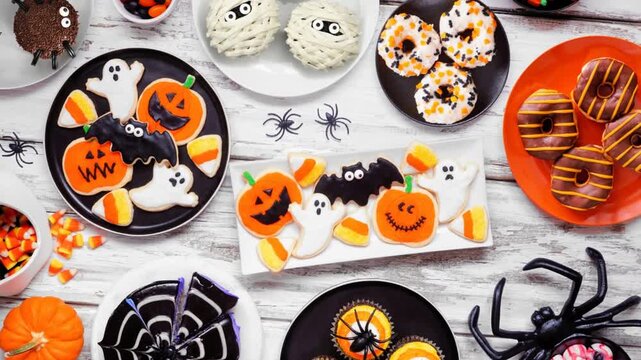 Spooky Halloween dessert table scene over a white wood background. Top view. Slow rotating zoom motion. Collection of cookies, cakes, donuts and candies. 