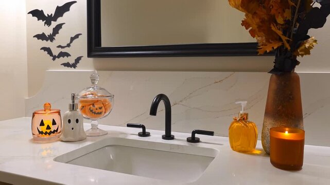 Halloween decor and body care products in a beautiful modern bathroom with black faucets and mirror and flickering candles