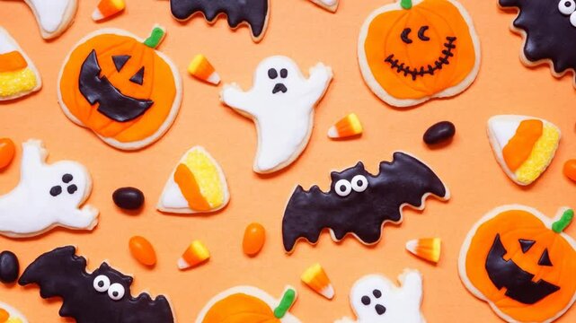 Halloween cookie background. Overhead view on an orange background. Slow rotating zoom motion. Ghosts, bats, jack o lanterns and candy corn. 