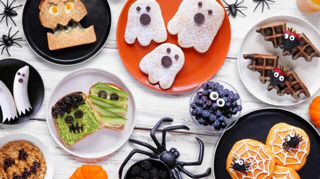 Spooky Halloween breakfast table scene over a white wood background. Top down view. Slow rotating zoom motion. Variety of pancakes, toast, oatmeal and fruit.
