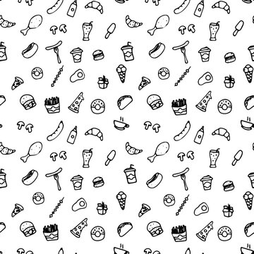 Hand-drawn fast food seamless pattern vector illustration, black and white outline doodle background design
