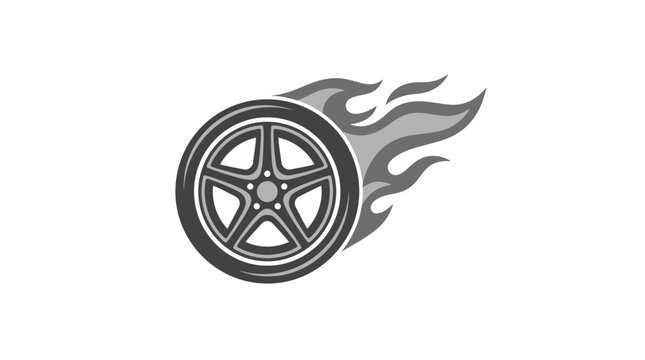 Grey car rim with stylized flame trails.