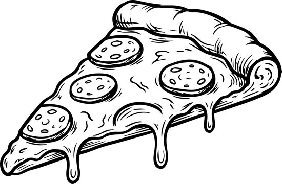 Hand-drawn pepperoni pizza slice vector illustration, black and white outline fast food design