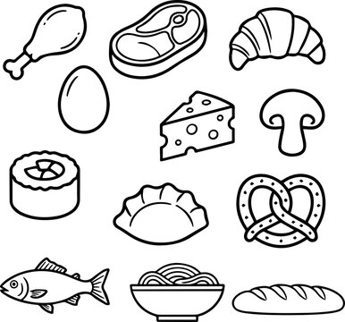 Food ingredients and meal items outline vector icon set, black and white simple illustrations