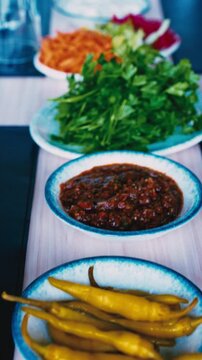 Traditional Turkish Kebab Side Dishes Meze Salad and Dips Vertical Video