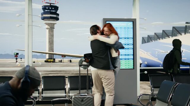 Boyfriend and girlfriend reunite in an airport terminal with hugs and kisses after flight arrival, expressing affection and joyful connection during an emotional homecoming and romantic travel story.