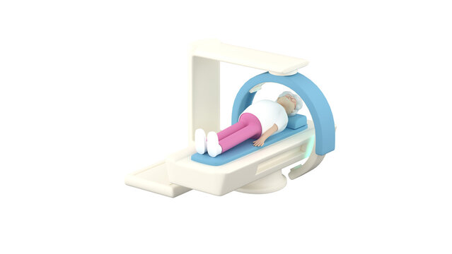 Elderly woman lying on a modern X-ray scanner with a moving scanning part, 3d render