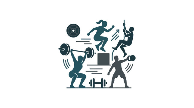 Gym fitness silhouettes with weights and jumping.