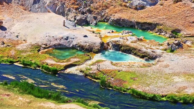 Vivid colorful hot geothermal pools at Hot Creek Geologic Site California