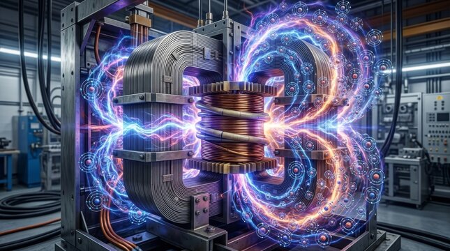 Plasma Fusion Reactor in Action: A powerful tokamak fusion reactor generates swirling arcs of plasma and electrical energy, showcasing the immense power and potential of controlled fusion technology.
