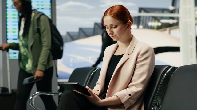 A businesswoman prepares for a business flight abroad at the airport, representing a global company as a delegate traveling to a summit.
