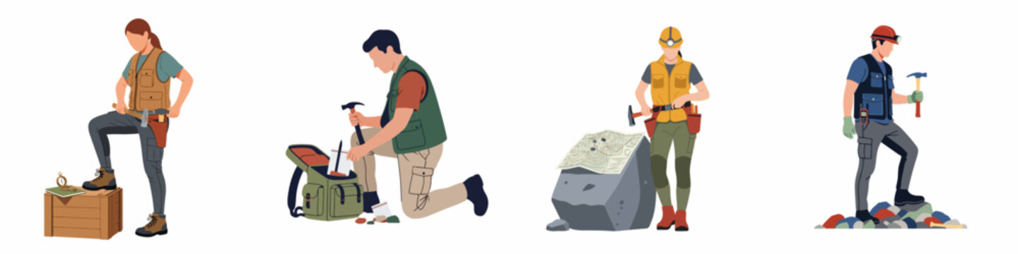 Vector Illustration Set of Male and Female Geologists Conducting Field Research with Specialized Tools and Equipment on White Background