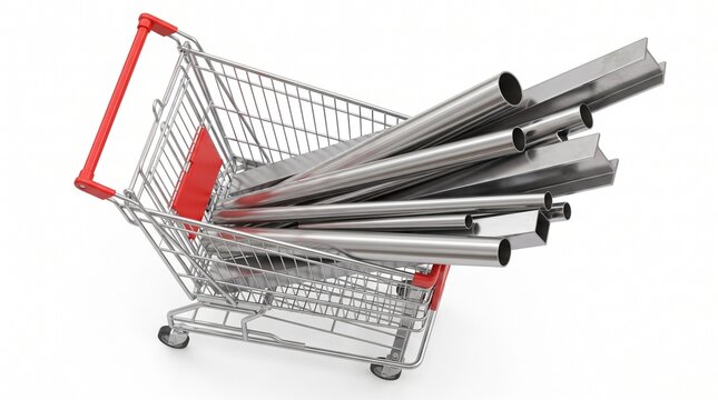 Carrito de compras lleno de tubos y perfiles de acero sobre fondo blanco