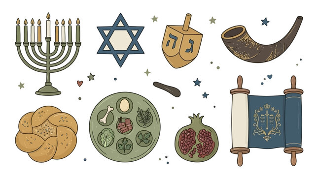 Hand Drawn Naive Doodle Vector Illustration of Jewish Holiday Symbols Including Menorah Dreidel and Star of David Isolated on White Background for Religious Celebration and Cultural Tradition