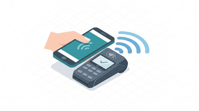 Hand paying with smartphone via contactless POS terminal illustration