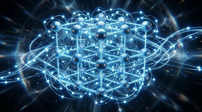 Quantum Computing Grid: A mesmerizing 3D render depicts a complex quantum computing matrix.