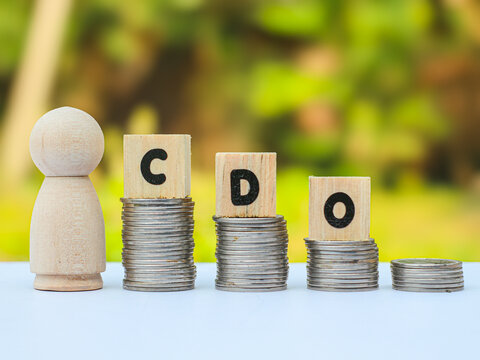 Wooden blocks spelling CDO (Chief Data Officer) with a wooden peg figure on stacked coins, illustrating executive leadership.