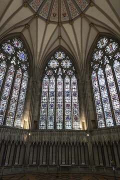 York, United Kingdom - 14 July 2026: View of the intricate stained glass windows and vaulted ceiling inside the Chapter House of York Minster, showcasing medieval gothic architecture.