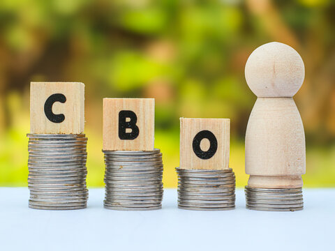 Wooden blocks spelling CBO (Chief Business Officer) with a wooden peg figure on stacked coins, representing corporate growth.