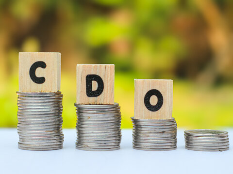 Wooden blocks spelling CDO (Chief Data Officer) with a wooden peg figure on stacked coins, illustrating executive leadership.