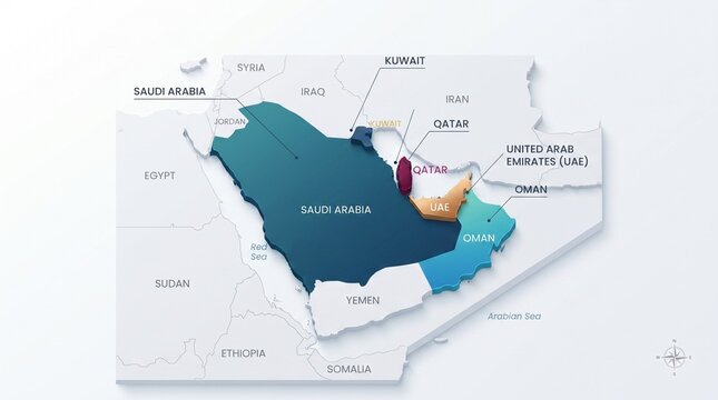 Modern Glassmorphism GCC Countries Map Business Infographic Vector