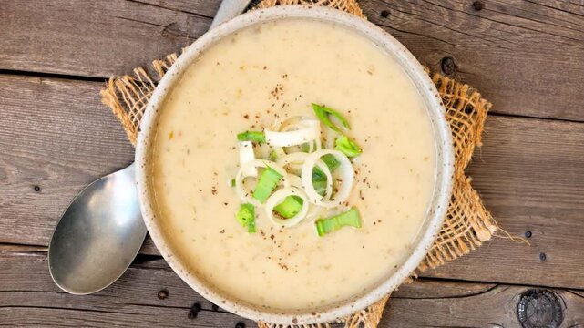 Potato and leek soup. Top view table scene on a rustic wood background. Slow rotating zoom motion.