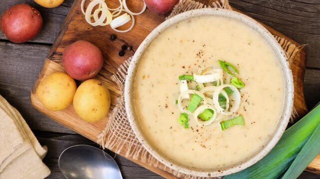 Homemade potato and leek soup. Top view table scene on a rustic wood background. Slow rotating zoom motion.
