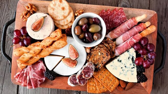 Charcuterie tray of a variety of meats, cheeses and appetizers. Top view on a dark wood background. Slow rotating zoom motion.