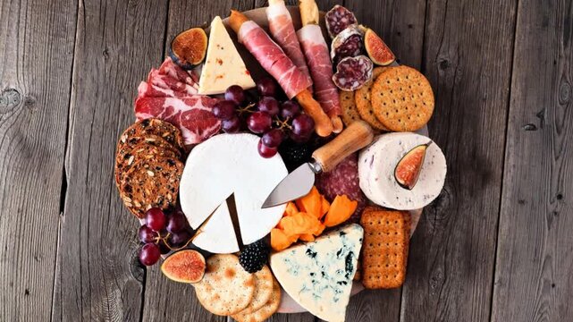 Charcuterie board of a selection of meats, cheeses and appetizers. Overhead view on a dark wood background. Slow rotating zoom motion.