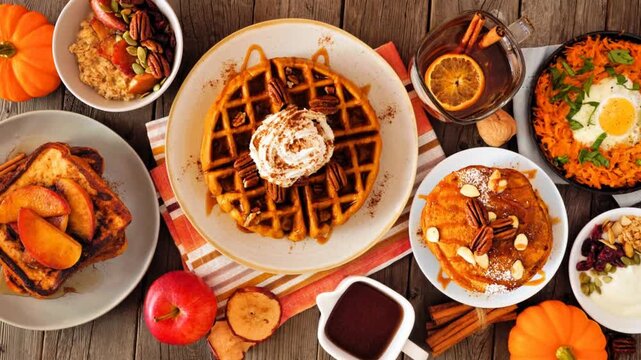 Fall breakfast or brunch table scene against a dark wood background. Top down view. Slow rotating zoom motion. Pumpkin spice waffles, pancakes, apple French toast, oatmeal, egg skillet, yogurt. 