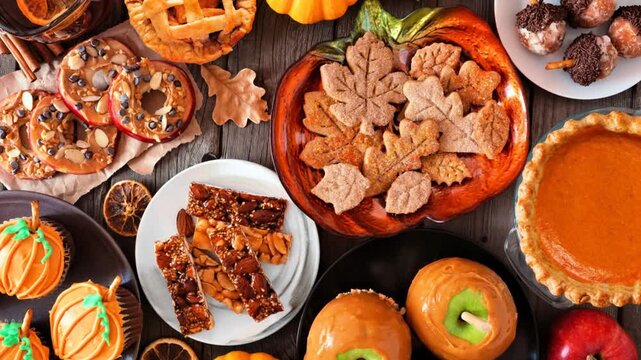 Fall desserts table scene with a variety of sweet autumn treats. Top down view over a dark wood background. Slow rotating zoom motion.