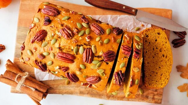 Sliced fall pumpkin bread. Overhead view table scene on a white marble background. Slow rotating zoom motion.