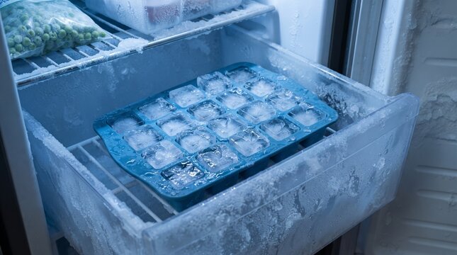 Ice Cube Tray Inside Modern Freezer with Frosty Interior for Household Kitchen Cooling Concept