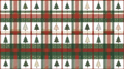 Obraz premium Seamless Retro Christmas Tree Pattern Featuring Handdrawn Fir Silhouettes and Festive Winter Holiday Plaid Design with Geometric Seasonal Ornamentation for Textile and Wrapping Paper.