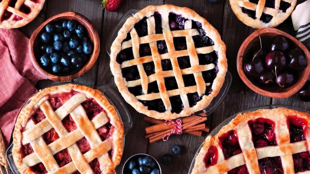 Variety of homemade autumn fruit pies. Top view table scene over a rustic wood background. Slow rotating zoom motion.