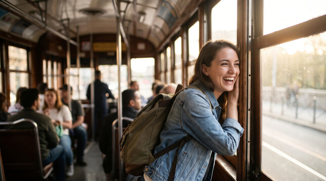Young woman on a trolley backseat candid moment with denim jacket and backpack illuminated by sunlight through large windows symbolizing travel lifestyle and everyday commute