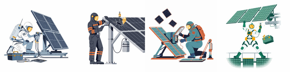Set of illustrations featuring astronauts in spacesuits performing maintenance, repairs, and installation on solar panels in a futuristic space setting. © Rizki
