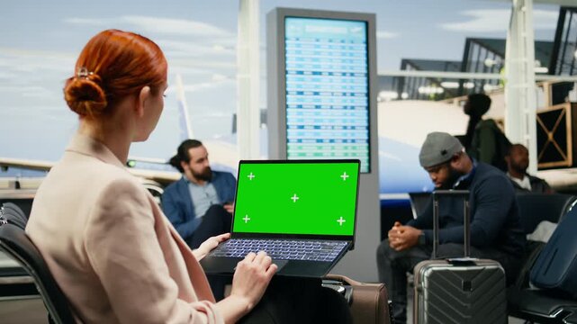 Laptop screen mockup appears beside a businesswoman working in an airport terminal before departure on an international business trip.