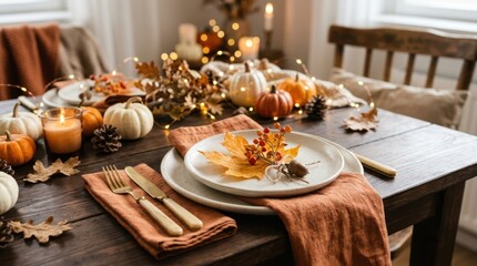 Fototapeta premium Festive autumn dining table setting decorated with orange napkins, maple leaves, mini pumpkins, and lit candles for Thanksgiving.